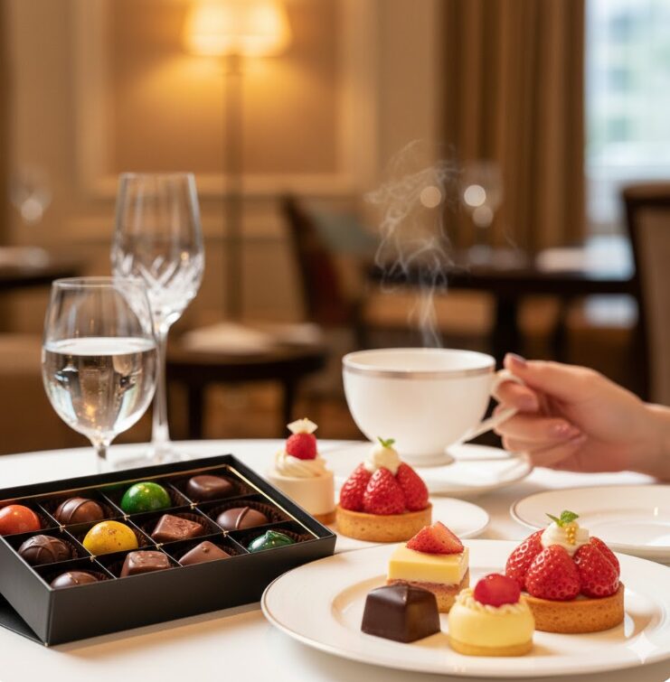 高級感のある箱に入った、宝石のようなボンボンショコラや、あまおうを使った華やかなホテルメイドのスイーツが並ぶティータイムの様子。手元には上品なティーカップ。