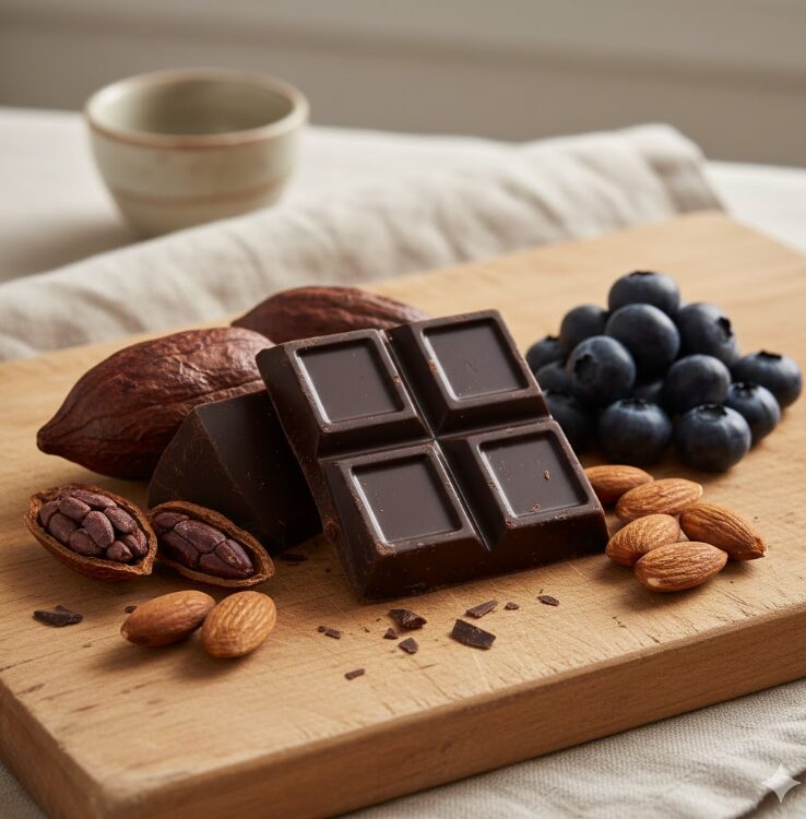 ウッドプレートの上に置かれたカカオ分70%以上のダークチョコレートの塊と、その横に添えられたフレッシュなブルーベリー、素焼きのアーモンド、そしてカカオ豆の実。チョコレートが単なるお菓子ではなく、栄養豊富なスーパーフードであることを強調する健康的で洗練された物撮りショット。