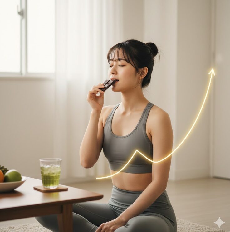 スタイリッシュなヨガウェアを着た日本人女性が、運動後のリラックスタイムにひとかけらのダークチョコレートを口にしている様子。