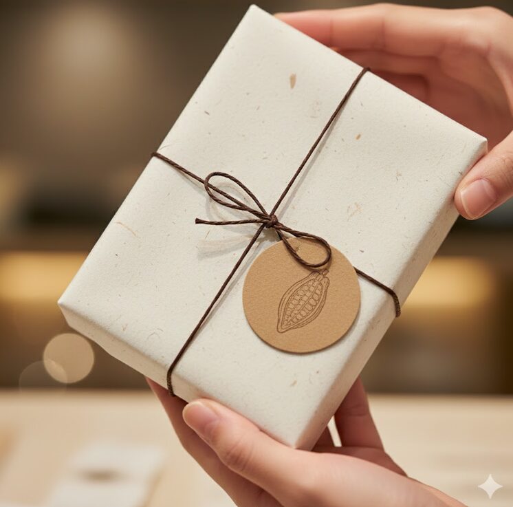 上質な和紙やリサイクルペーパーでラッピングされた、ミニマルで洗練されたデザインのチョコレートギフトボックス。