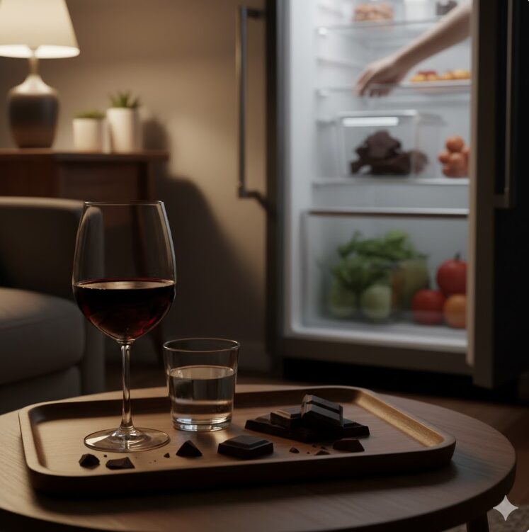 夜の落ち着いたリビングで、赤ワインのグラスと数片のダークチョコレートが並んだトレイ。背景のキッチンには、整理整頓された冷蔵庫の野菜室付近がわずかに見え、密閉容器に入れられたチョコレートが保管されている様子を配置。美味しく食べるための知恵を1枚に凝縮した構図。