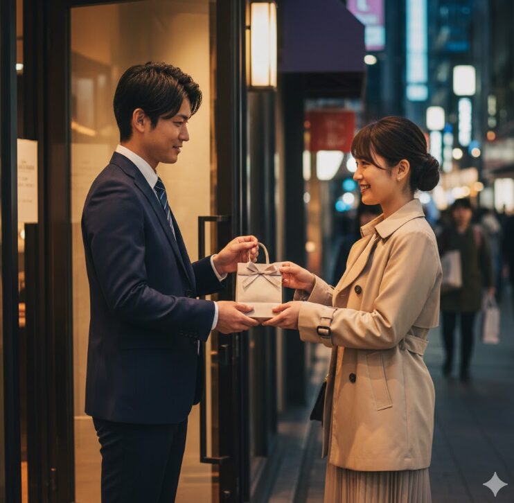 夜の落ち着いたオフィス街の街灯の下、あるいは落ち着いた雰囲気のレストランの入り口。スーツ姿の日本人男性が、上品な紙袋を控えめに、かつ誠実に女性へ差し出している。