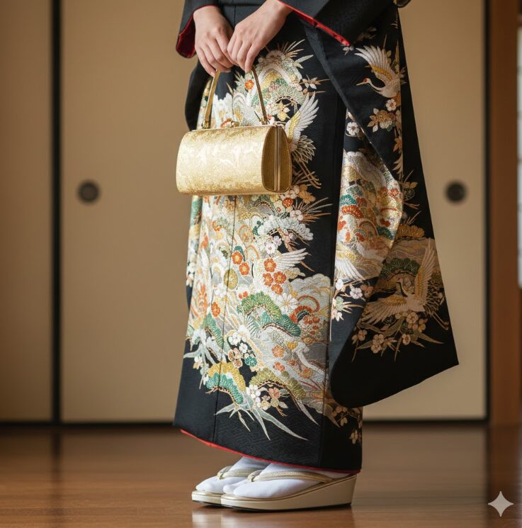 着物の裾から覗く上品な礼装用の草履(踵に適度な高さがあるもの)と、それにセットになった金銀系の和装バッグを手に持っているカット。