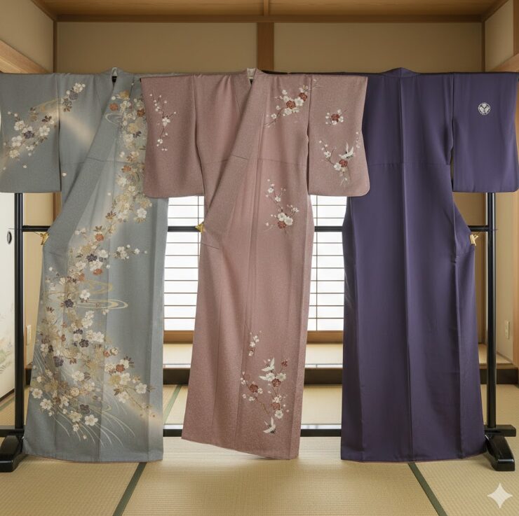 訪問着(裾に柄があるもの)、付け下げ(さらに控えめな柄)、色無地(柄なし)の3着が、和室の衣桁(いこう)に美しく掛けられている様子。それぞれの柄の分量の違いがひと目で分かる構図。