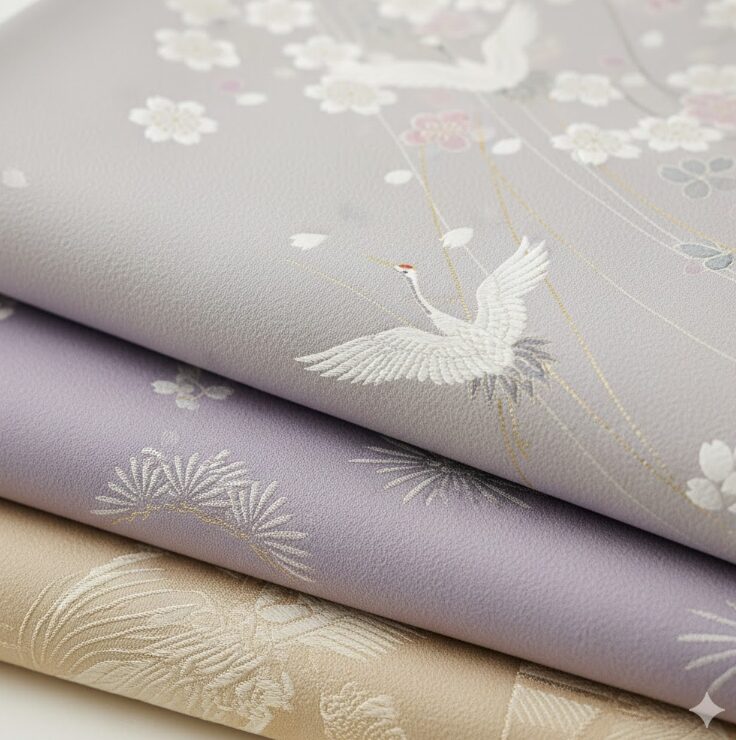 淡いグレーや藤色、ベージュといった「ニュアンスカラー」の着物の生地を数種類、上品に重ねたクローズアップ。伝統的な吉祥文様(桜や松竹梅)が繊細に描かれている質感を表現。