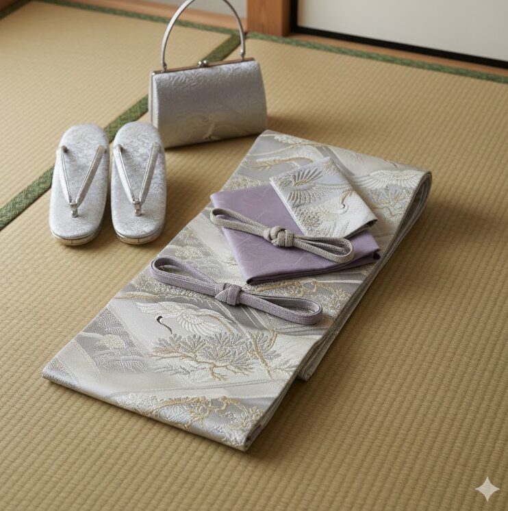マットな質感の銀糸の袋帯の上に、着物と同系色の帯揚げと帯締めが整然と置かれている様子。横には上品な布製の草履とバッグを添える。