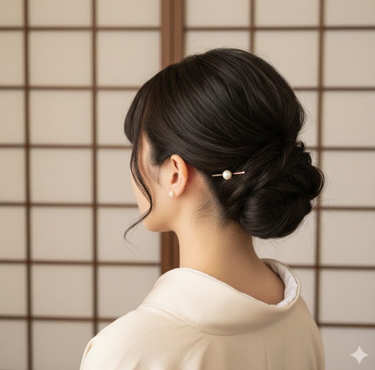 低めの位置でまとめられた上品なシニヨンヘアの日本人女性の後ろ姿、または横顔。耳元に小さなパールのピアスや、控えめなかんざしが1点だけ光っている清潔感あふれるスタイル。