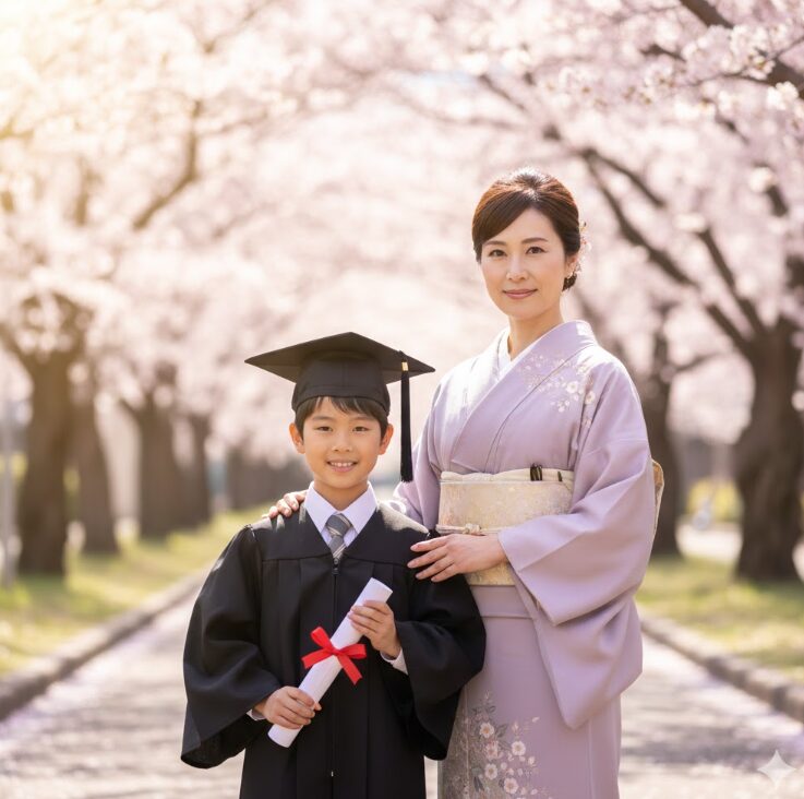 卒業証書を持った子供と、その肩に手を添える着物姿の母親のツーショット(顔は優しく微笑んでいる)。背景には春の光が差し込み、温かみのある雰囲気。