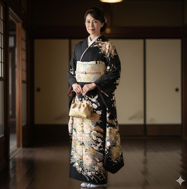 黒地の訪問着を着用した女性の、肩から裾にかけての柄がよく見える立ち姿。裾には金彩や淡い色の花々が描かれ、慶事用であることを強調する。