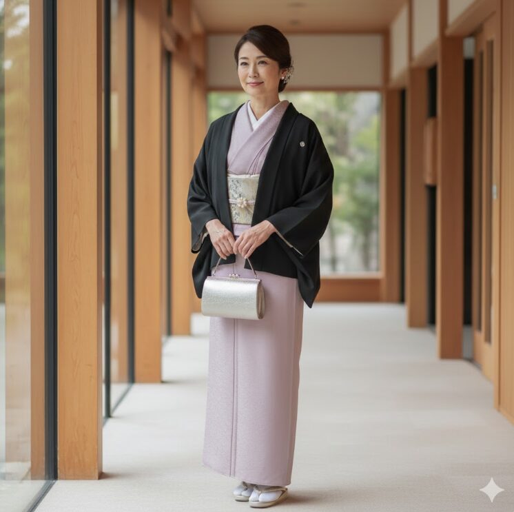 淡い色の色無地の上に、一つ紋の入った黒羽織を重ねたスタイル。古臭さを感じさせない都会的な着こなし。