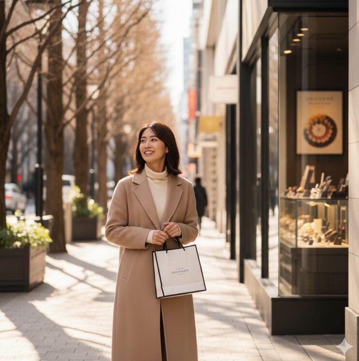 柔らかな朝の光が差し込む表参道の路面店前。冬のコートを着た日本人女性が、高級感のあるショップバッグを手に、満足げに歩いている様子。人混みがまだ少ない、落ち着いた通りの雰囲気。