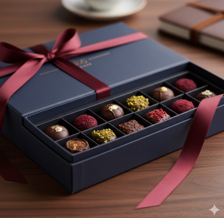 洗練されたデザインのパッケージに入った、高級感のあるボンボンショコラのセット。リボンがかかった箱が、質の良い木のテーブルの上に置かれている。