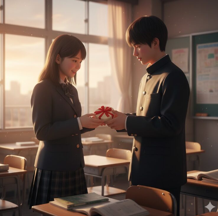 夕暮れ時のオレンジ色の光が差し込む、放課後の日本の教室。制服を着た男子生徒が、意中の女子生徒に少し照れながら小さなチョコを手渡している。