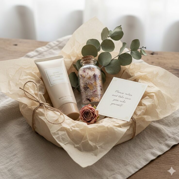 ナチュラルなラッピングが施されたハンドクリーム、入浴剤、そして小さなメッセージカードのセット。
