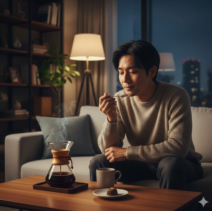 自宅のリビングで、お気に入りのコーヒーを淹れ、一粒の高級チョコレートをじっくりと味わう日本人男性。リ