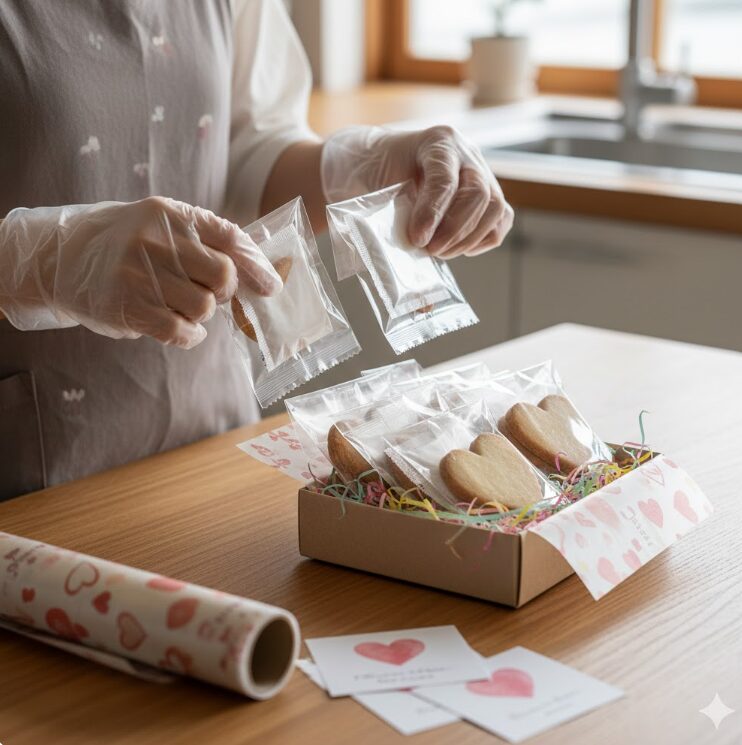 手袋を着用した人物が、手作りのハート型クッキーを個別に包装している。クッキーは透明な袋に入れられ、包装紙やメッセージカードと共にプレゼント用の箱に詰められようとしている。