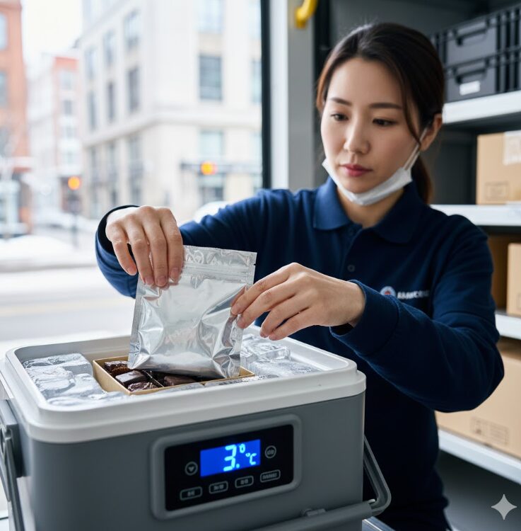配送スタッフがクールボックスにアルミ蒸着袋に入ったチョコレートを収納している様子。クールボックスのディスプレイには3℃と表示されており、温度管理された配送を表現。