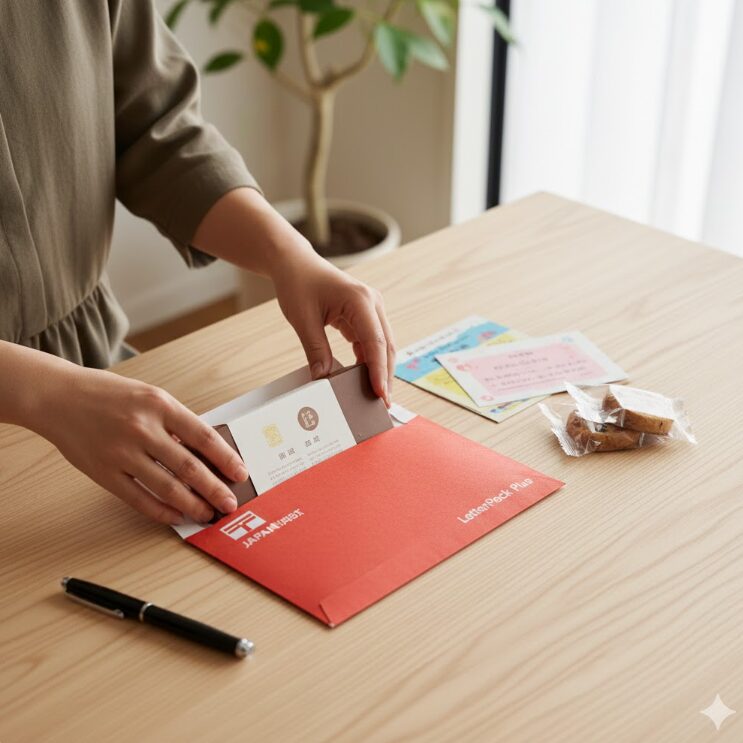 日本郵便のレターパックプラスに、ギフトボックスとメッセージカードを入れている女性の手元。郵便局のサービスを利用した郵送準備の様子を示している。