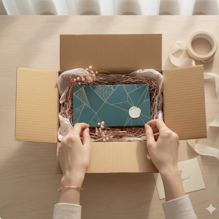 おしゃれな女性がバレンタインのギフトを梱包している。箱の中には緩衝材に包まれた、センスの良いチョコレートが見える。