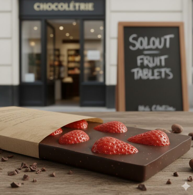 艶やかな大粒のいちごが丸ごと閉じ込められた、重厚な板チョコレート（タブレット）。包み紙から少し出した状態で、カカオのダークな色といちごの赤が対比している。背景には、完売を知らせる看板が置かれた店舗の入り口。