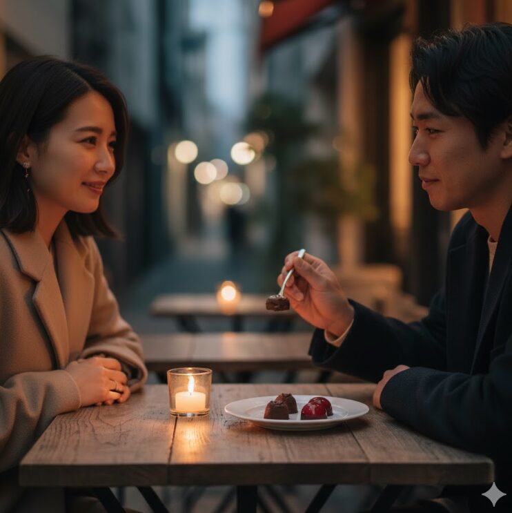 骨董通りの裏路地にあるような、静かな隠れ家カフェのテラス席。夕暮れ時、テーブルの上のキャンドルが灯り、小さな一皿に盛られた極上のショコラを二人でシェアしようとしている様子。