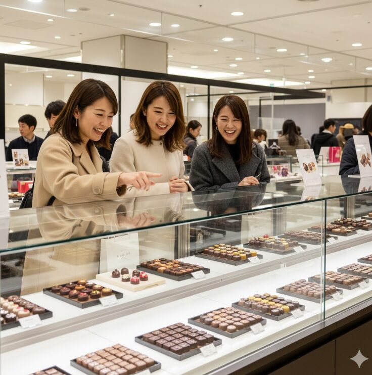明るくモダンな百貨店の催事会場。洗練されたショーケースの中に、宝石のように並ぶ高級ショコラ。手前には、買い物を楽しむ上品なコートを着た日本人女性のグループが、笑顔で商品を選んでいる様子。