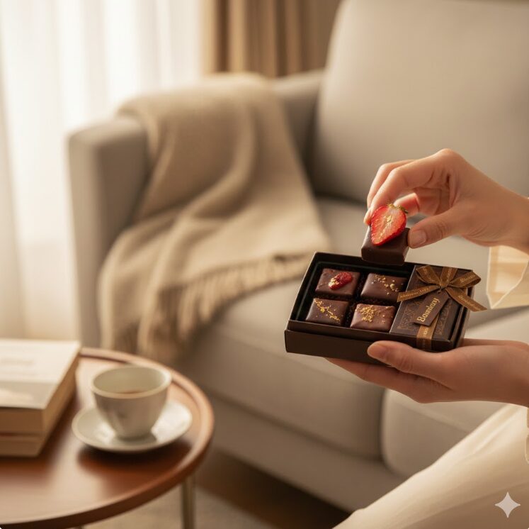 自宅の落ち着いたリビングで、自分へのご褒美として購入した高級チョコレート（特に真っ赤なイチゴが添えられたもの）を箱から一粒取り出し、リラックスして楽しもうとする日本人の手元。