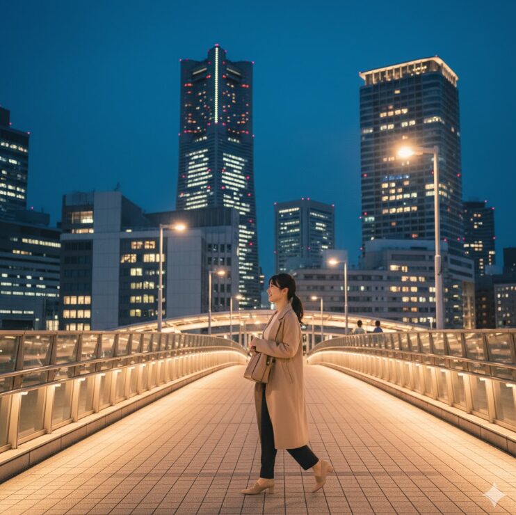 少し日が落ち始めた時間帯、ライトアップされた駅周辺の歩道橋（あべの歩道橋をイメージ）を、歩きやすい靴で軽快に歩く日本人女性。背景にはハルカスやミオの夜景が広がる。