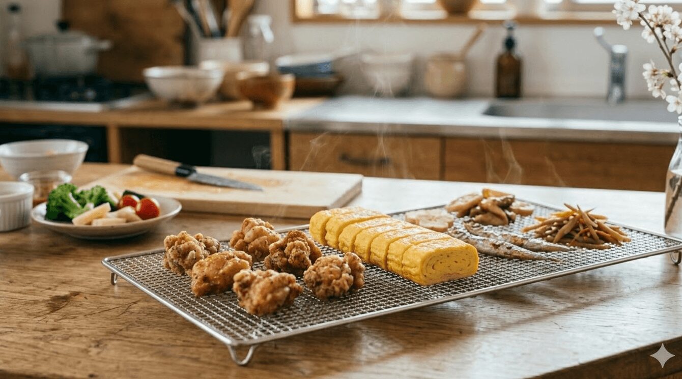 唐揚げや卵焼きなど、冷めても美味しいお弁当のおかずを、調理後にしっかりと冷ましている様子。