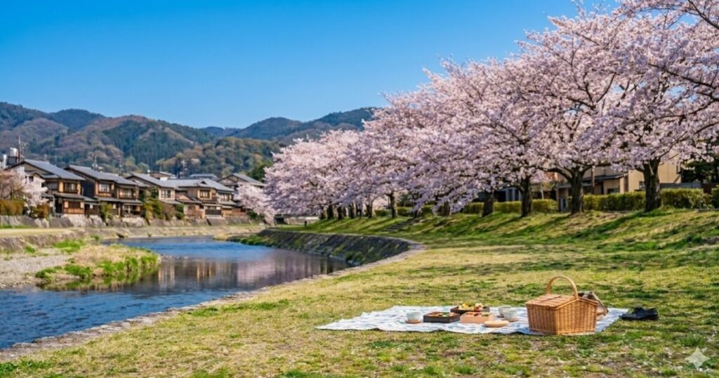 京都の鴨川沿いで、真っ青な快晴の空の下、満開の桜並木を背景にした、人のいない静かなお花見ピクニックの風景。芝生の上に広げられたピクニックシートには、上質な手編みのバスケットや美しく盛り付けられた重箱入りの弁当、茶器が並び、鮮やかな春の京都の情景が広がる。