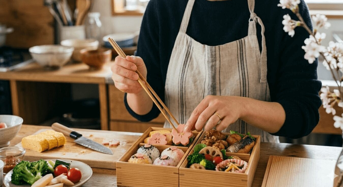 お花見のために、台所で一生懸命お弁当を作る日本人女性の手元。愛情が感じられる。