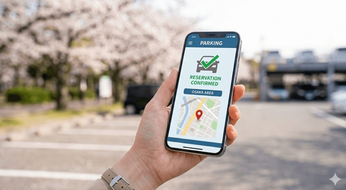 アジア人女性の手元アップ。スマートフォン画面に表示された「akippa」の駐車場予約完了画面と地図。背景は満開の桜が咲く大阪の公園周辺の、満車ではない駐車場。16:9アスペクト比。