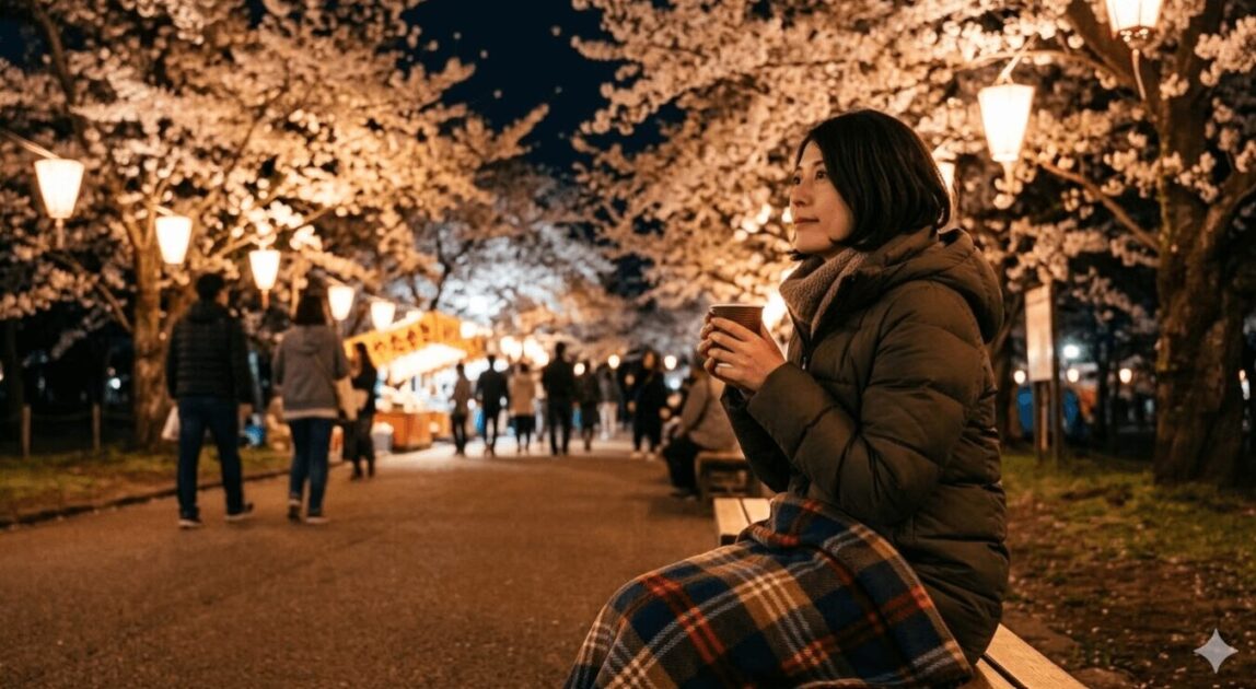 仙台の少し肌寒い春の夜桜見物で、厚手のダウンジャケットを着てひざ掛けを使い、温かい飲み物を持つ日本人女性