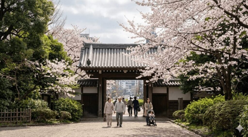 春の新宿御苑の大木戸門前。混雑する新宿門と異なり、比較的空いており、日本人の来園者が静かに園内へと歩を進めている。