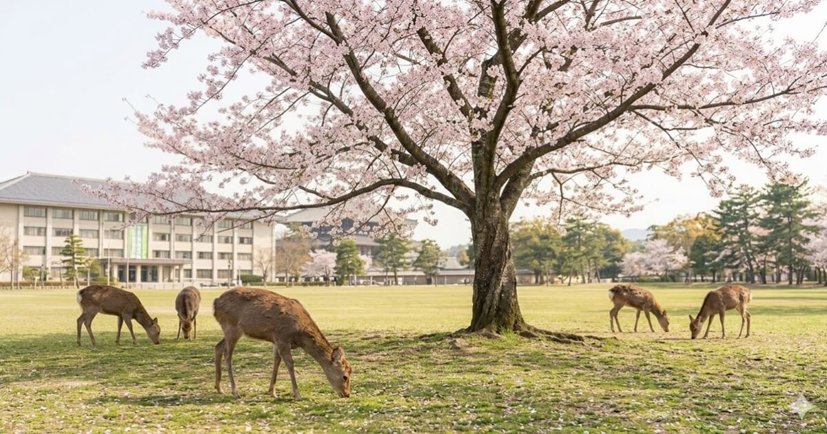 奈良の穴場のお花見スポットに鹿がいる様子