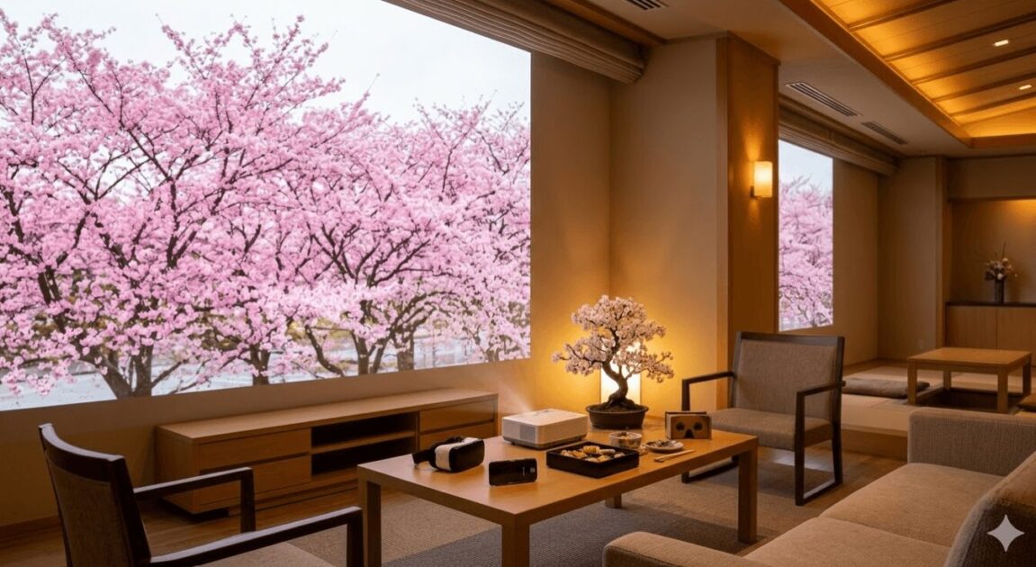 自宅のリビングで、高性能プロジェクターを使って壁一面に投影された満開の桜の映像。卓上盆栽やVRゴーグルを活用し、室内で最新のエアお花見を体験。