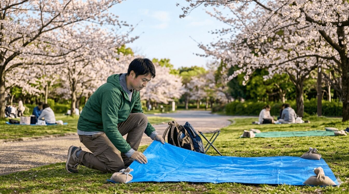 早朝の代々木公園でルールを守ってブルーシートを敷き場所取りをする男性