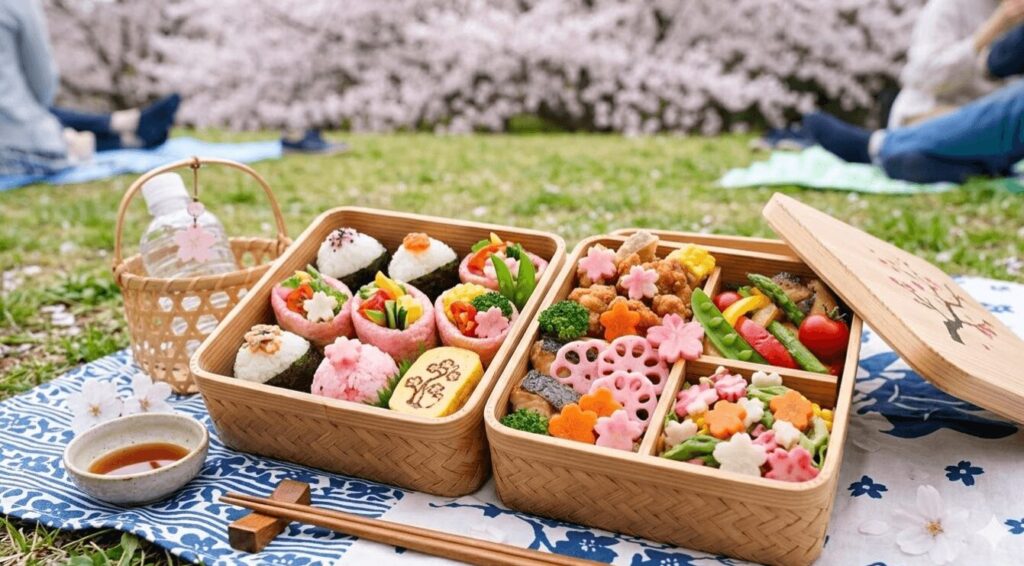 赤、黄、緑の彩りが美しく、桜の型抜き野菜で飾られた、お花見にぴったりの手作り弁当。