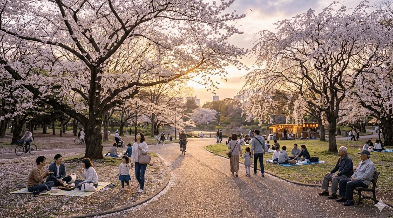 夕暮れ時、穏やかな時間が流れるお花見シーズン終盤の代々木公園