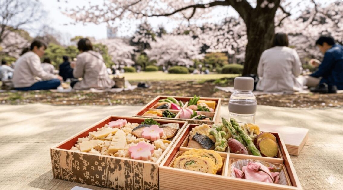 春の新宿御苑内、ピクニックマットの上に広げられた豪華なテイクアウト弁当。笋ご飯や春の食材が盛り込まれ、満開の桜の下でお花見を楽しんでいる。