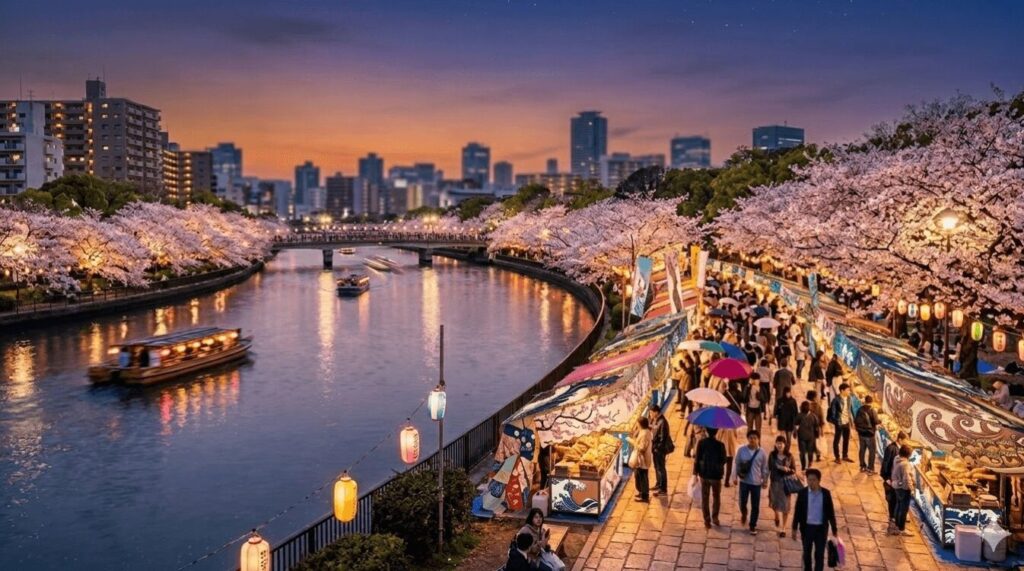 夕暮れ時の毛馬桜之宮公園で、大川沿いにライトアップされた桜並木と、川沿いに軒を連ねる屋台の幻想的な風景。