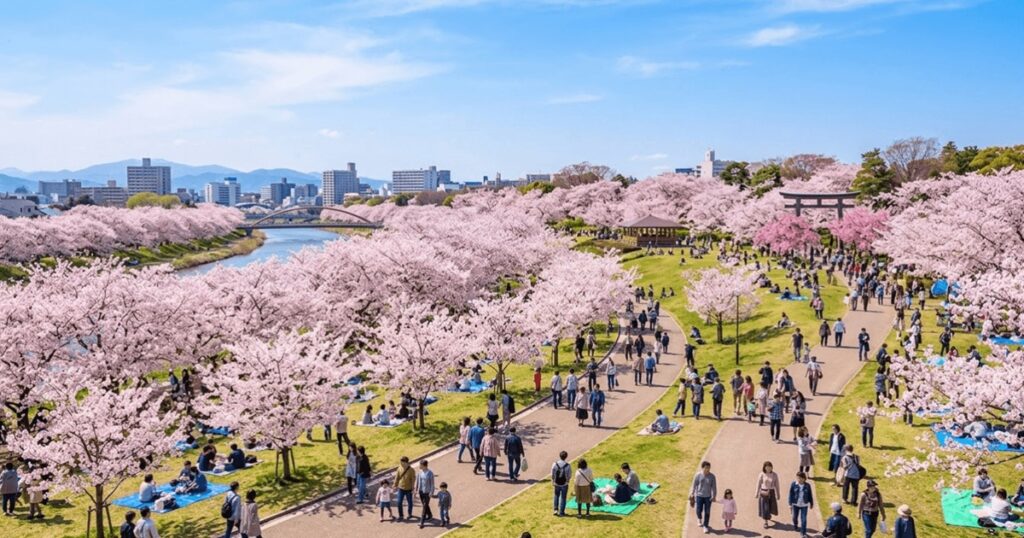 満開の桜が咲き誇る春の仙台・西公園の全景。青空の下、多くの花見客が散策を楽しむ様子