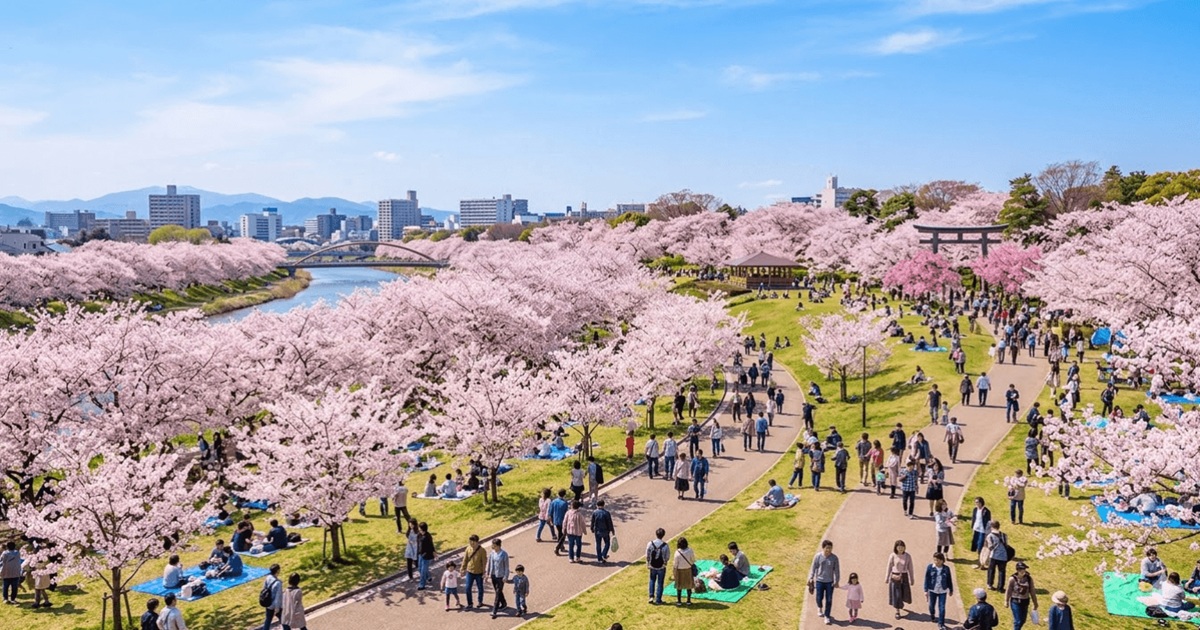 満開の桜が咲き誇る春の仙台・西公園の全景。青空の下、多くの花見客が散策を楽しむ様子