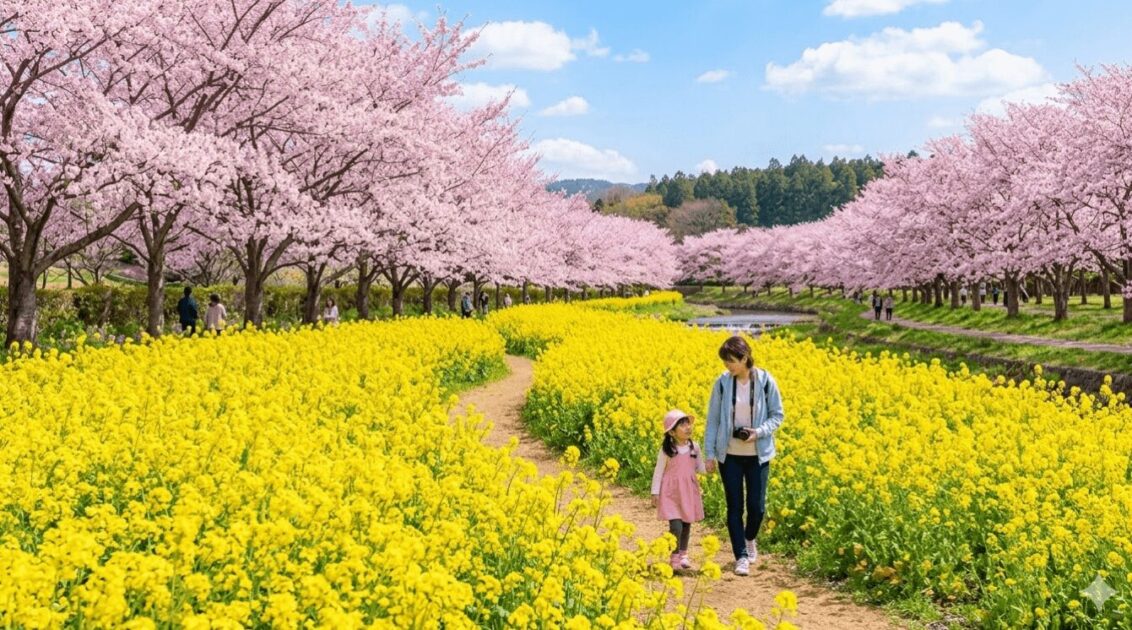 昭和記念公園の「みんなの原っぱ」で、菜の花の黄色い絨毯と満開の桜が共演する絶景。カメラを持つ日本人親子が小道を散歩している。
