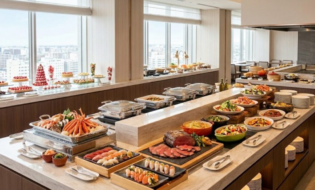 新潟の豪華ホテルビュッフェ会場の様子。新鮮な海鮮、ローストビーフ、いちごスイーツなどが並ぶカウンター
