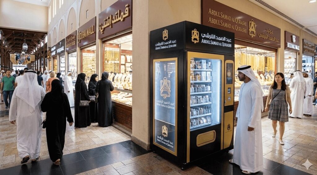 ドバイモールのゴールドスークエリア近く、人通りが多い場所に設置されたAbdul Samad Al Qurashi (ASQ) のロゴが入った香水自販機。隣にはアラブ人男性が興味深げに見ている。