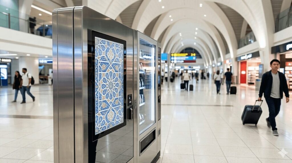 ドバイ国際空港のターミナル3、コンコースBとCの間に設置された、スタイリッシュなデザインの香水自販機。デジタルスクリーンにアラビア風の模様が表示され、24時間稼働している様子。