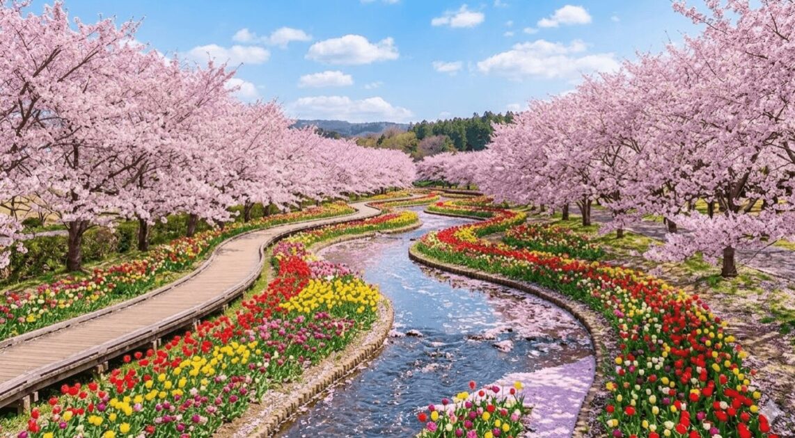 昭和記念公園の渓流広場で、色とりどりのチューリップガーデンと散り始めた桜が織りなす景色。水面には桜の花びらが浮かぶ。