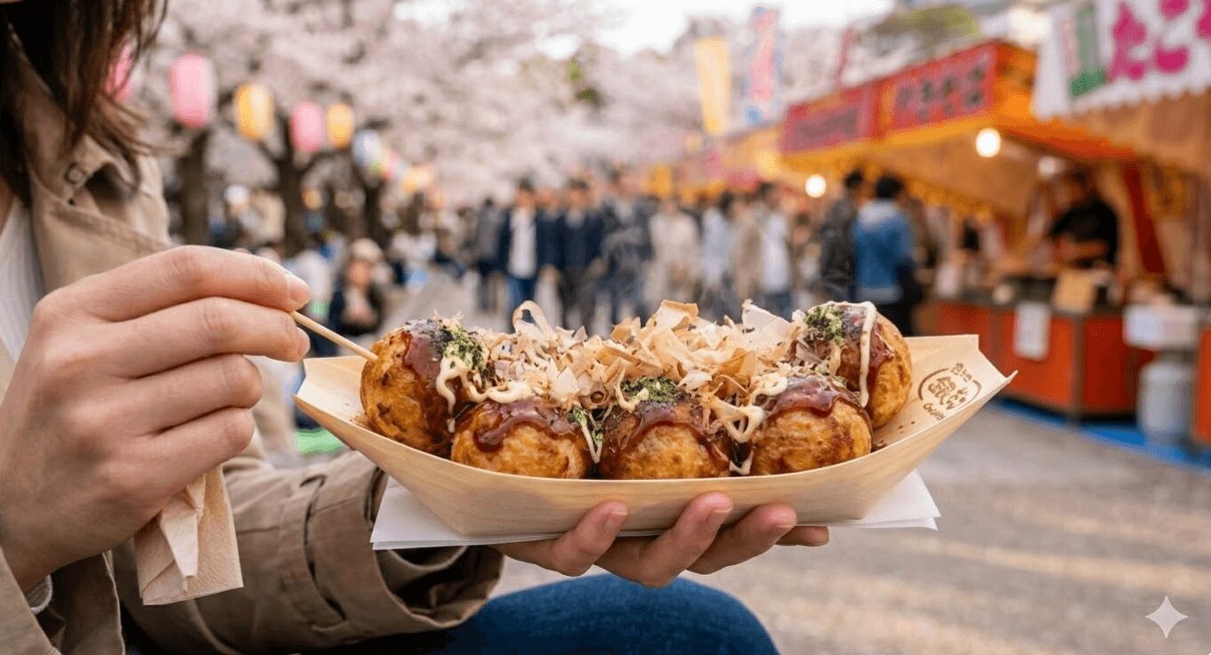 代々木公園の満開の桜の下、周辺の人気店でテイクアウトしたおしゃれなグルメのアップ