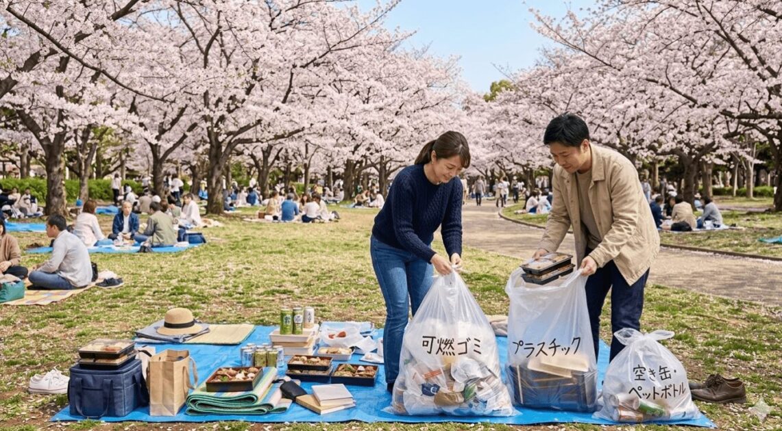 桜の下での宴会後、自分たちの出したゴミを分別して大きなゴミ袋にまとめ、持ち帰る準備をする整然とした日本人グループ